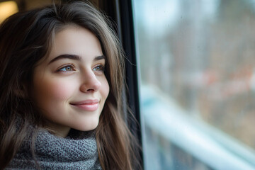 Smiling young woman thinking about her project ideas while looking out the window on her way to work