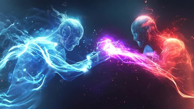 Abstract figures in red and blue energy clash in a digital duel