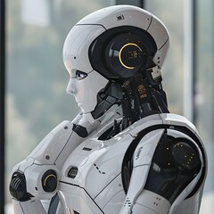 Fototapeta premium A sophisticated white robotic head with golden accents, displaying advanced technology and artificial intelligence capabilities.