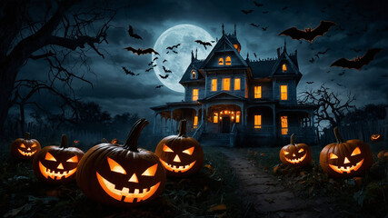 Spooky haunted house with glowing jack-o'-lanterns under a full moon on a dark, eerie Halloween night.