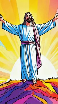 Jesus christ transfiguration in rays of holy light on top of the mountain cartoon flat art animation -- 4k  9x16 vertical stock video footage AI