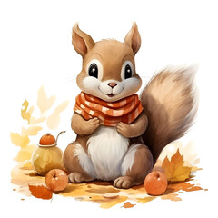 Fototapeta premium Cute cartoon squirrel eating food on a picnic blanket covered with fallen leaves, full body, single object, watercolor illustration