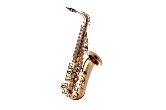 Captivating Gold Saxophone Gleaming Under Soft Spotlight Amidst Musical Chaos and Creative Vibes in a Vibrant Jazz Club Setting on Transparent PNG Background.
