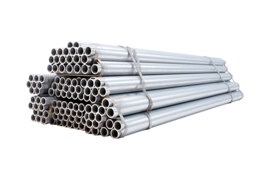 Stacked Metal Pipes Ready for Construction at a Manufacturing Facility During Golden Hour on Transparent PNG Background.
