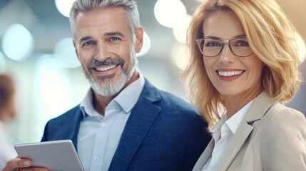 Obraz premium a man and woman smiling while looking at a tablet