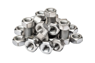 A Gleaming Collection of Steel Nuts and Bolts Casually Piled Together on a White Surface on Transparent PNG Background.