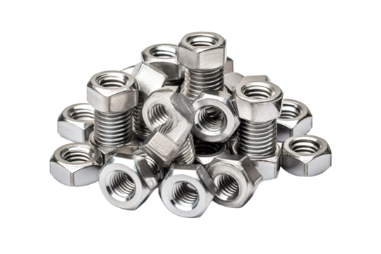 A Gleaming Collection of Steel Nuts and Bolts Casually Piled Together on a White Surface on Transparent PNG Background.