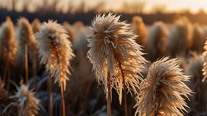 Dry beige reed. Golden pampas grass sways in the wind in the sun in winter. Beautiful abstract nature trend background. Minimal concept. Closeup Generative AI