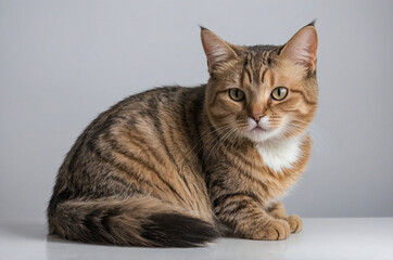 Obraz premium A cute fat cat looks shyly at the camera.