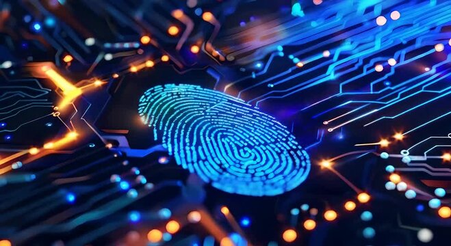 Digital fingerprint in circuit board representing cyber security, protection against hacking, safeguarding digital identities