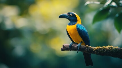 Obraz premium Vibrant Close-Up of Tropical Bird with Striking Colors Perched on Branch in Lush Greenery