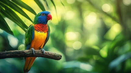 Naklejka premium Vibrant Close-Up of Tropical Bird with Striking Colors Perched on Branch in Lush Greenery