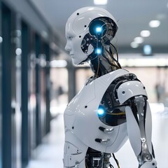 An elegant white robot with a smooth, streamlined design, glancing sideways, set in a modern, well-lit showroom environment.
