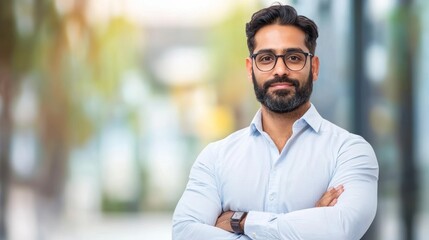 a man with glasses and a beard standing in front of a blurred glass wall