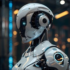 A futuristic robot with a prominent glowing eye, embodying advanced surveillance capabilities, set in a dimly lit technological environment.
