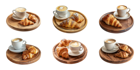 Collection of golden-brown croissants with a cup of latte coffee on a round wooden plate or tray isolated on a transparent background, cut out, PNG