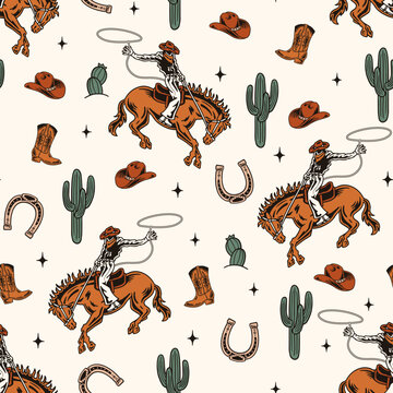 Western Themed Vector Seamless Pattern. Cactus, Cowboy Seamless Repeat Design. Boho Seamless Pattern.