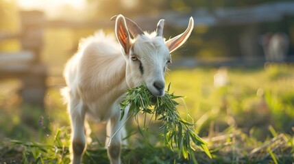 Fototapeta premium A Goat Grazing on Grass in a Field