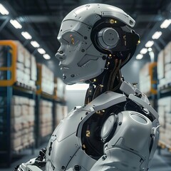 A sophisticated humanoid robot with a reflective surface, showcasing a futuristic design and advanced robotics technology in a factory environment.