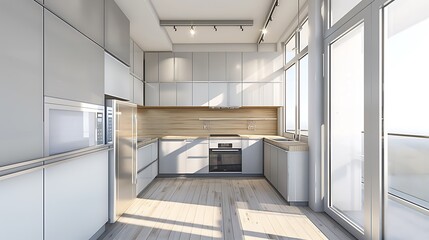 Colorful Modern Sunlit rustic kitchen interior with wooden cabinets and appliances