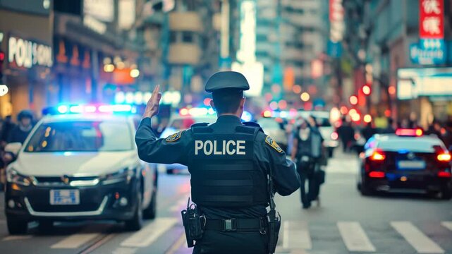 Police officer directing traffic in busy city street