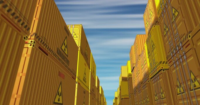 Radioactive waste and nuclear cargo containers in row seamless and loopable business concept. atomic energy symbol industrial shipping box 3d loop.