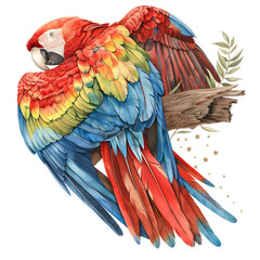 Obraz premium Beautiful parrot and owner lying down looking at stars at night, full body, watercolor illustration, single object, isolate on white background.