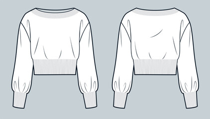 Sweater technical fashion illustration. Sweatshirt fashion flat technical drawing template, boat neck, balloon sleeve, cropped, oversize, front and back view, white, women, men, unisex Top CAD mockup.