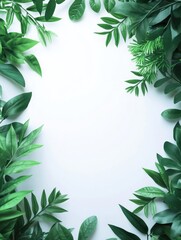 A frame made of real green leaves on a white background