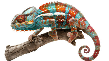A vibrantly colored chameleon perched on a branch, showcasing its unique and striking patterns and adaptive camouflage abilities.