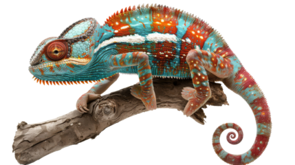 A vibrantly colored chameleon perched on a branch, showcasing its unique and striking patterns and adaptive camouflage abilities.