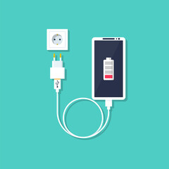 Phone on charging. Smartphone with charger. Full battery on the device screen. Vector illustration flat design. Isolated on white background. Connect to the electrical outlet of the phone.