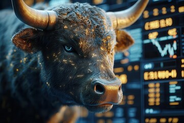 fierce bull character in business attire analyzing stock charts glowing screens trading floor ambiance bullish market symbolism
