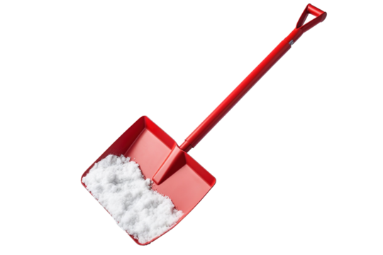 Bright Red Shovel Filled With Fresh Snow Against a White Background in Winter Wonderland on Transparent PNG Background.