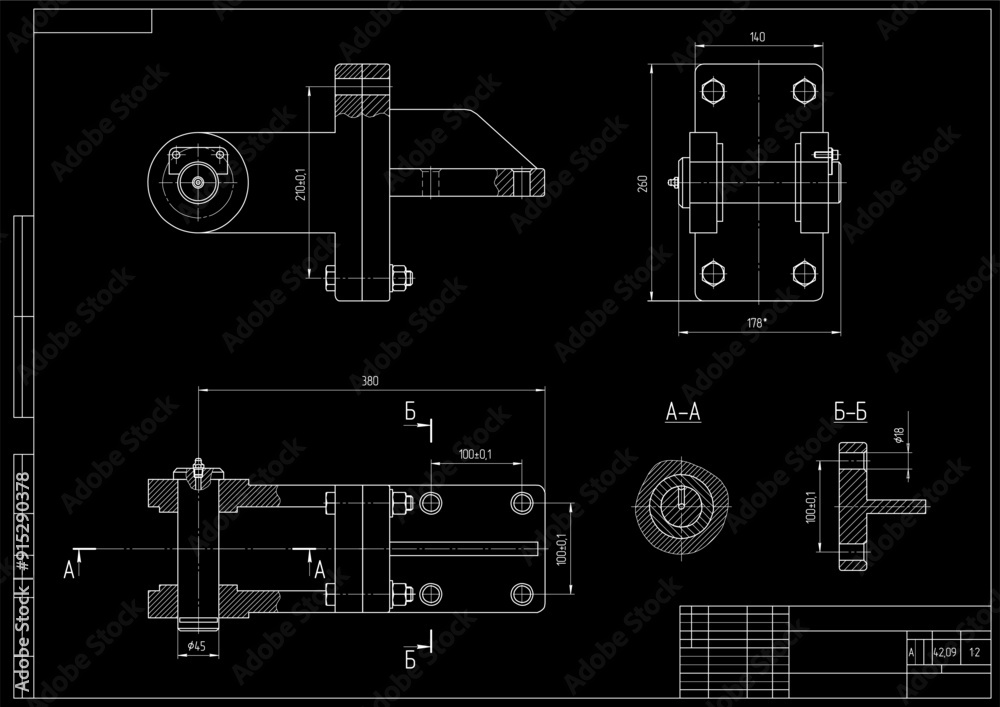 Wall mural vector drawing of steel mechanical part with through holes and dimension lines. engineering cad sche