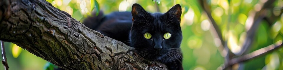 Black cat with emerald green eyes perched on a tree limb