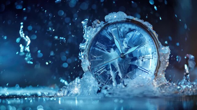 New Year's first light shining through melting ice clock at midnight, evoking renewal and fresh beginnings. 2025 new year clock