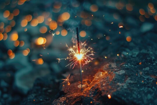 A sparkler is lit up on a rock in a dark environment
