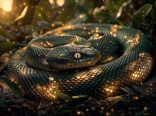 Fototapeta premium Close-Up of Green Snake Coiled on Forest Floor with Glowing Particles