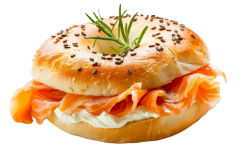 Delicious bagel with fresh salmon and cream cheese, garnished with herbs. Perfect for a tasty breakfast or brunch.