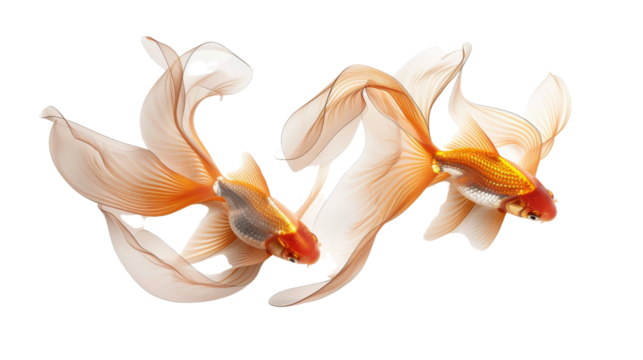 Elegant goldfish trio swimming gracefully with delicate flowing fins, isolated on white background, showcasing natural beauty and aquatic life.