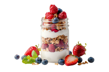 Healthy yogurt parfait with granola and fresh berries in a glass jar, surrounded by assorted fruits. Ideal for breakfast or snack.