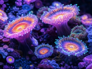 Fototapeta premium Vibrant Glowing Underwater Coral Scene with Bioluminescent Sea Anemones