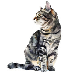 Beautiful cat, full body, watercolor illustration, single object, isolate on white background.