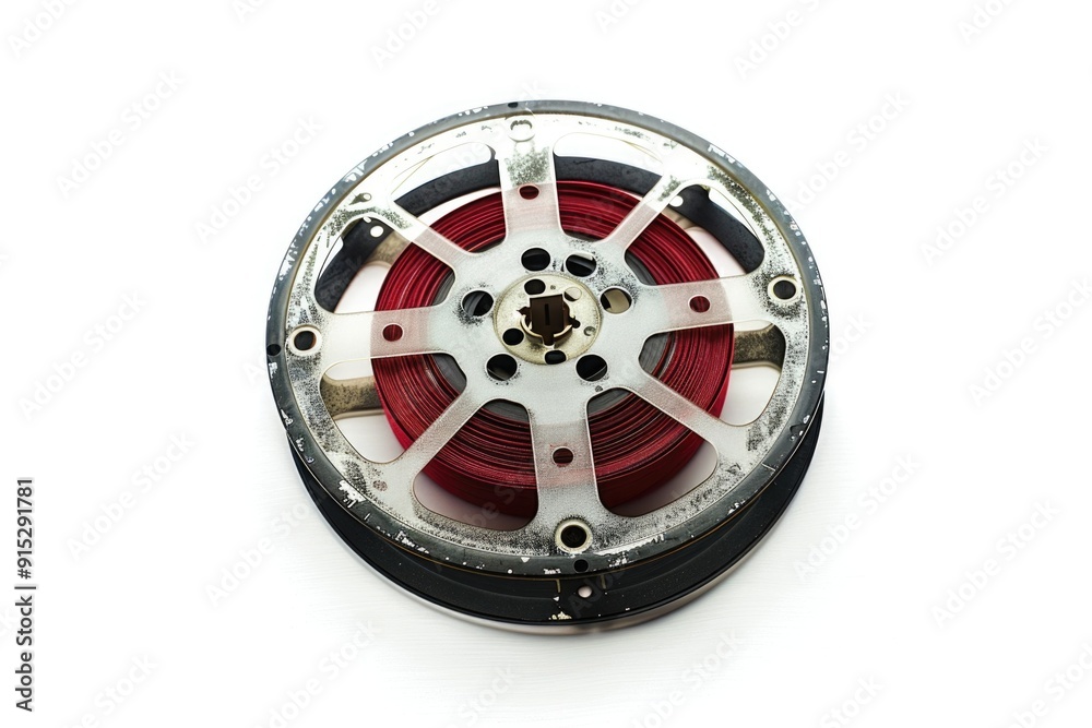 Poster close-up shot of a red and black wheel on a white surface, suitable for use in automotive or design 