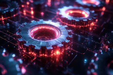 Obraz premium futuristic 3d gear mechanism glowing neon edges floating in dark space intricate interconnections scifi aesthetic