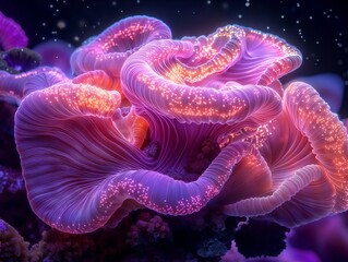 Obraz premium Vibrant Bioluminescent Coral at Night Underwater Fantasy Landscape
