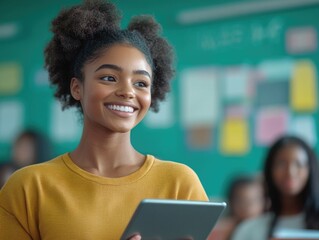 Woman using tablet in a classroom setting, possibly for educational purposes