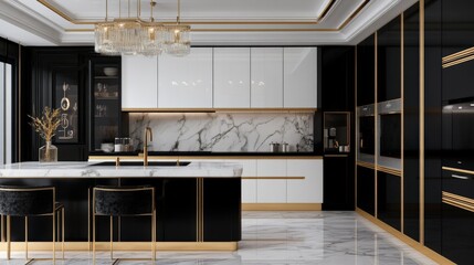 Modern Kitchen with Black, White, and Gold Accents
