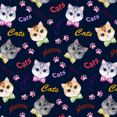 Colored background with cats and texts.Vector pattern with cats and texts on a colored background.